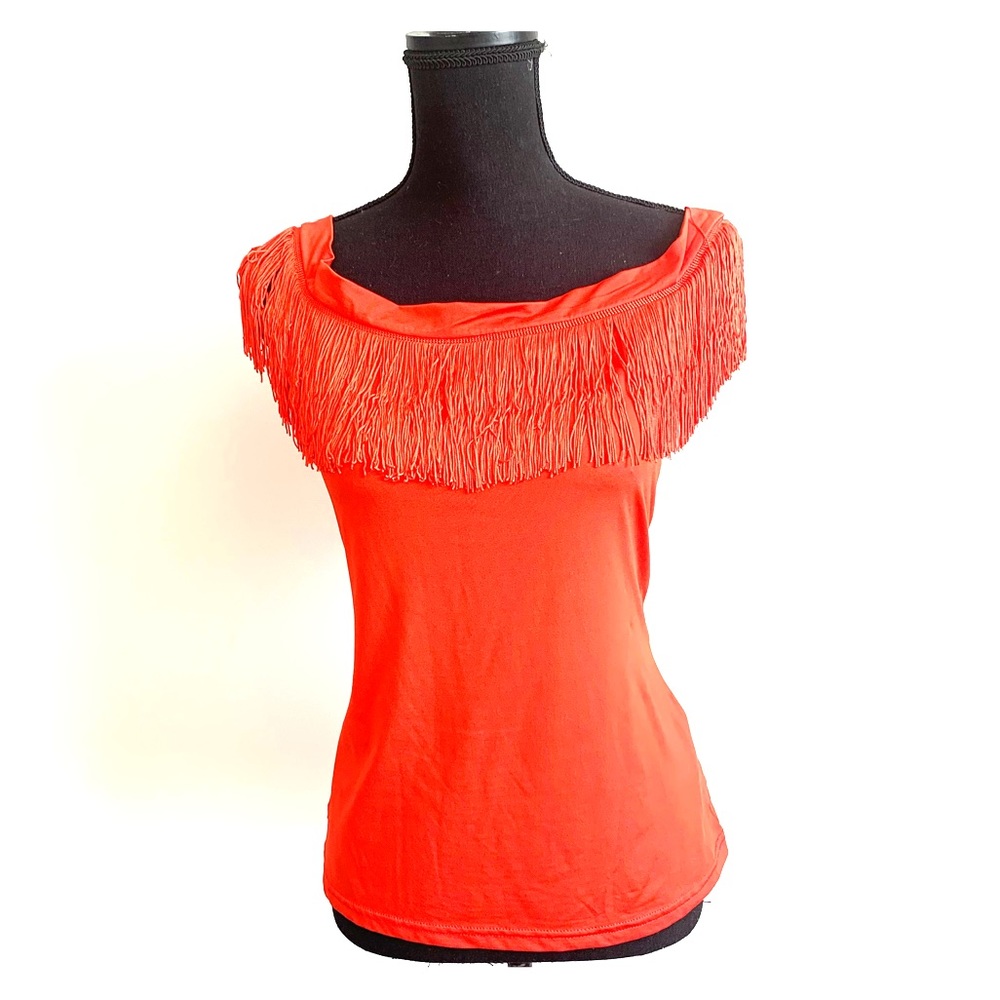 Red off or on the shoulder fringe top